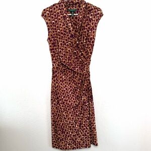 Lauren Ralph Lauren Faux Wrap Midi Dress Leopard Print Purple and Brown Size 4
